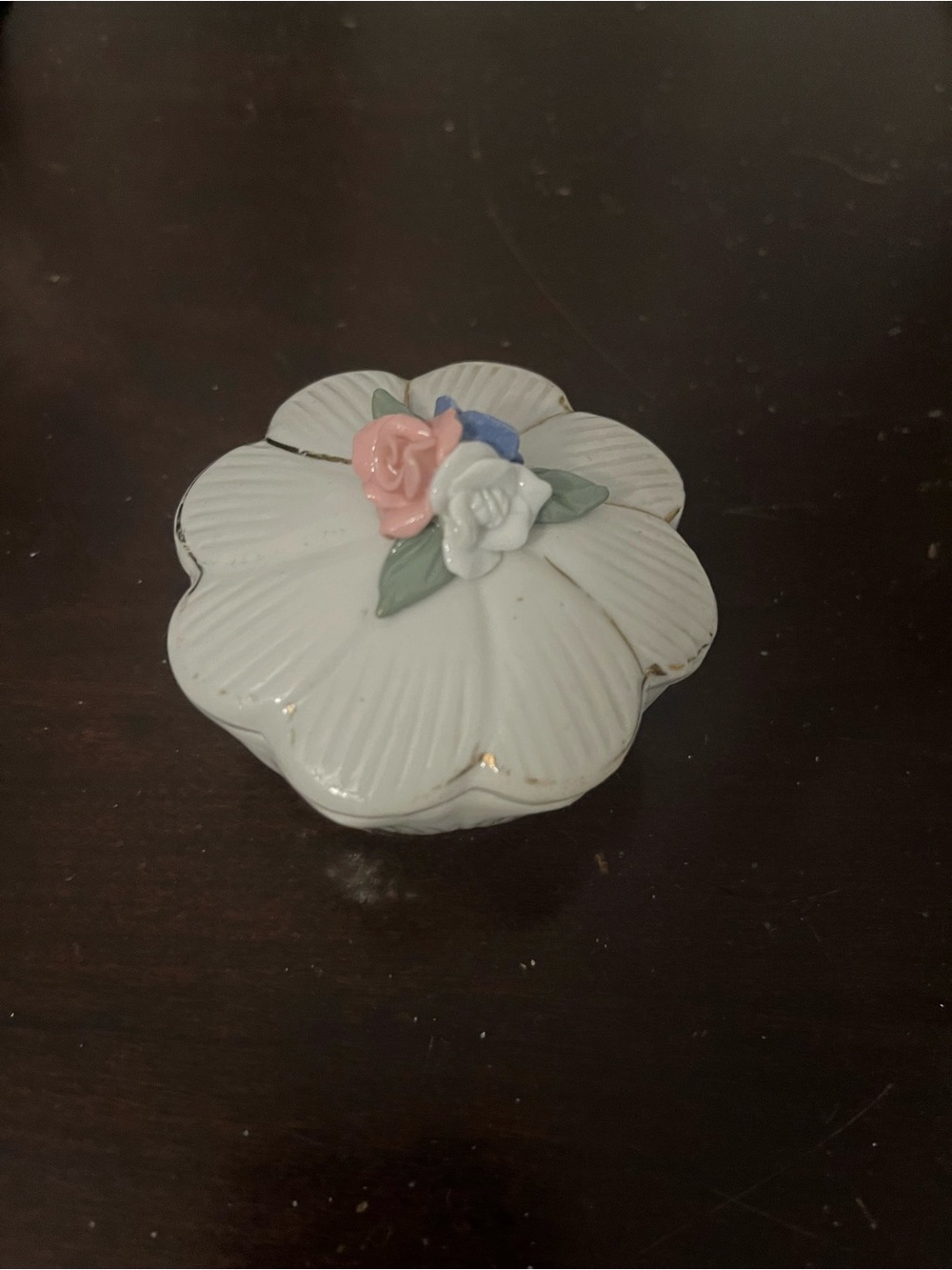 Vintage Small Porcelain Trinket Box with a Pink , Blue & White Rose on top